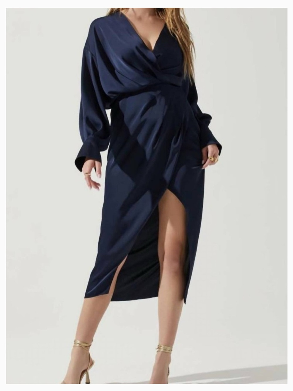 Astr Satin Navy Wrap Midi Dress with Side Slit and Open Back
